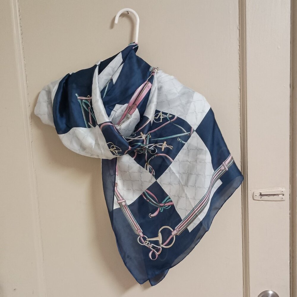 NWOT Women's Silky Navy Blue, White, Pink Silky-Like Lightweight Designer Scarf